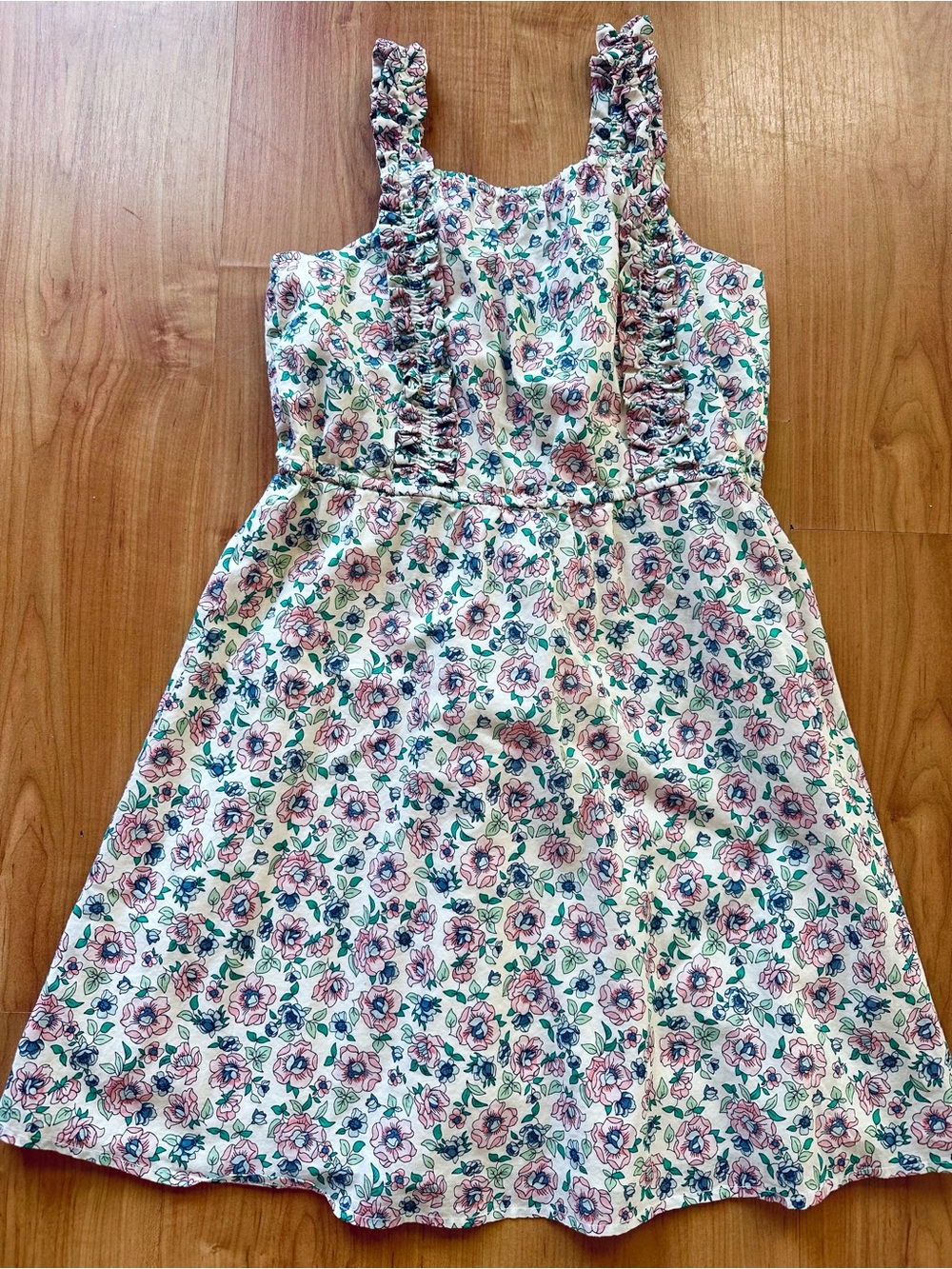 Crewcuts Floral Ruffle Strap Dress - Pink & Green on pale cream